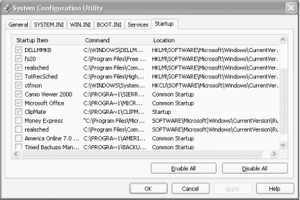 The Startup tab of the System Configuration Utility