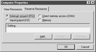 The Reserve Resources dialog, which allows you to remove resources from the pool available to Windows and assign those resources manually to legacy devices