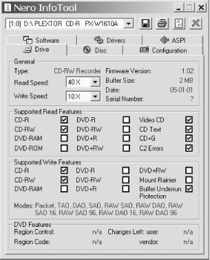 Nero InfoTool displaying the characteristics of this CD writer, showing the current firmware revision as 1.02