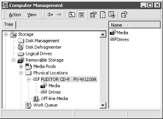 Using Windows 2000 Computer Management to view properties for the CD writer