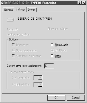 In Windows 9X, marking the DMA checkbox on the Settings page of the disk Properties dialog to enable DMA transfers