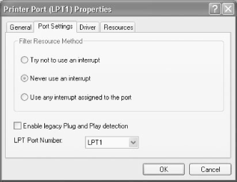 Using Printer Port Properties to configure the port under Windows 2000/XP