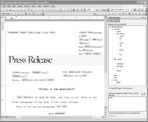 Editing an XML document in Microsoft Word 2003
