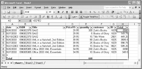 Working with XML data mapped into Microsoft Excel 2003.