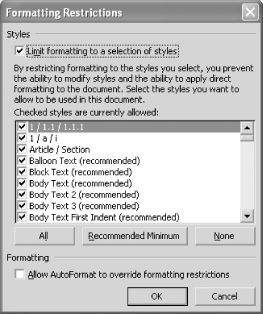 The Formatting Restrictions dialog