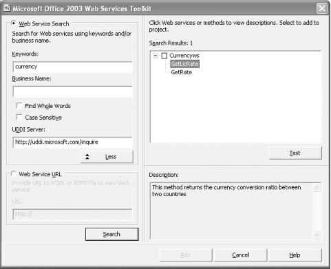 Searching for services using the UDDI support of the Microsoft Office Web Services Toolkit