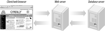 A three-tier architecture where a web browser requests a resource, and a response is generated from a database