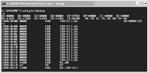 Example registers on an x86 processor shown using the debug -r command on Windows XP