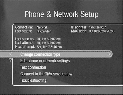 The Phone & Network Setup screen under TiVo OS 4.0, showing the IP address
