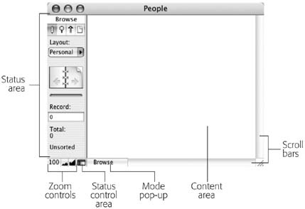 Every database window has the same apparatus around the edges—what’s inside the window is up to you. Compare this window with the one shown in Figure 1-2. Both windows have a status area, zoom controls, and a Mode pop-up menu. The content is the only difference.