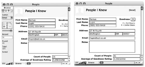 Unlike the stark emptiness shown in Figure 1-1, this database is well underway, as you can see by the abundance of the content area. Left: The status area is part of all FileMaker databases, regardless of what they contain. Right: Maximize your view of the content area by hiding the status area with a simple click on its control.