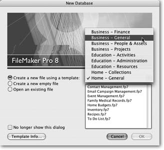 To choose one of FileMaker Pro’s builtin templates, click the pop-up menu and select from a list of categories (some templates appear in more than one category). If you don’t want to use a template (you rebel, you!), just click “Create a new empty file,” and then click OK. If you never again want to use a template, just turn on “No longer show this dialog.” You can always turn it on again, as discussed in the box on Section 1.1.2.2.