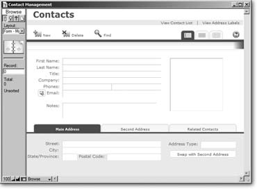 The Contact Management template is an ideal way to create a simple database that contains information about people, like their names, email addresses, and phone numbers. It can hold up to two addresses for each person, and you can even store a picture with each contact—a handy feature if you have trouble putting a face to a name.
