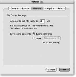 Specify the size of the FileMaker’s cache and how often your work is moved from the cache to your hard drive. (Nerds call that flushing the cache.) A larger cache yields better performance but leaves more data in RAM. If you’re working on a laptop, you can conserve battery power by saving cache contents less frequently. Just remember, in case of a power outage or other catastrophe, the work that’s in cache isn’t as secure as what FileMaker’s saved to your hard drive.