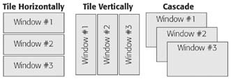 FileMaker offers three automatic window arrangements: Tile Horizontally, Tile Vertically, and Cascade. Choose Tile Horizontally or Tile Vertically to shrink every window small enough that they all fit onscreen with no overlapping. (The difference between these two is subtle: The Horizontal option prefers wide windows while the Vertical options tries to make windows taller.) If you choose Cascade, FileMaker makes every window the same size and puts each a little down-and-right from the one above. The window that was active when you chose Cascade lands in front.