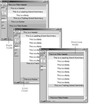 Each window shown here is displaying the same layout—one with seven parts. As you can see, the arrangement of the parts changes as you switch between form view and list view in Browse mode, or when you switch to Preview mode. When you’re creating a layout, you can move parts around and make them bigger or smaller depending on what information you want to emphasize.