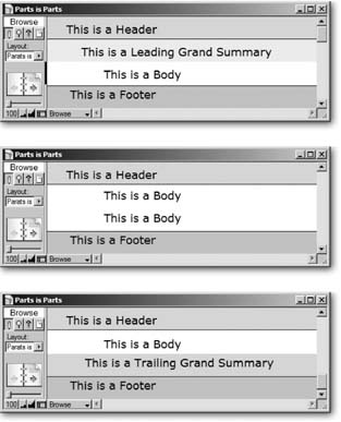 Like Figure 4-5, this sequence shows the same layout scrolled to various places. In this case, though, you’re viewing the layout as a list. Notice that the header and footer stay put even when scrolling: They’re always at the top and bottom of the window. The grand summary parts, on the other hand, scroll along with the body parts.