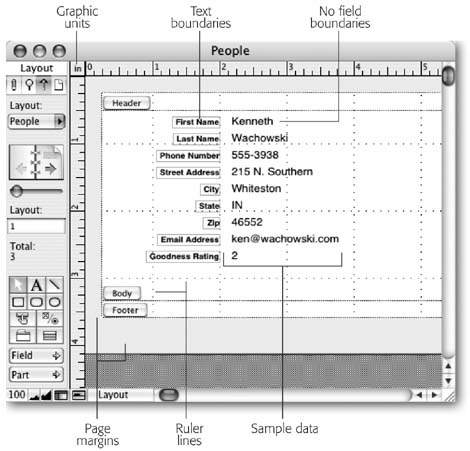 In this picture, the graphic rulers, ruler lines, text boundaries, page margins, and sample data have been turned on; and field boundaries have been turned off. You can compare this illustration with Figure 4-8 to see how things have changed. You decide which settings you use, according to your personal preference. And you can turn any of them off or on with ease, so feel free to experiment.