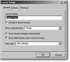 The Layout Setup dialog box (Layouts → Layout Setup) gives you control over the layout’s basic attributes. Under the General tab you can change the layout’s name, for example. The “Show records from” pop-up menu controls which table the layout is connected to. Since your database only has one table, you don’t have to worry about this option just yet. It’s covered in full in Part 4.