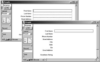 The window at the back shows the field frames FileMaker draws when you click into a record. In the window in front, this option has been turned off.