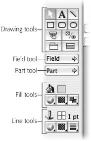 The layout tools come in three flavors. The drawing tools require just a click—once you select them, you can literally draw right on the layout. The field and part tools work like a post-it-note pad—just drag from the tool into the layout to peel off a blank field or part, ready to stick where you want. When you click one of the fill or line tools, you get a pop-up menu of choices.