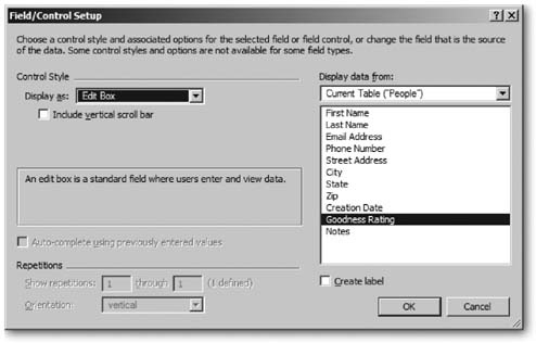 The Field/Control Setup dialog box (Format → Field/Control → Setup) lets you control how a field presents itself on the layout. You can add scroll bars, control the display of repeating fields, and—most useful of all—turn ordinary fields into pop-up menus, checkboxes, or radio buttons. All of these advanced options are covered in detail in Chapter 6.