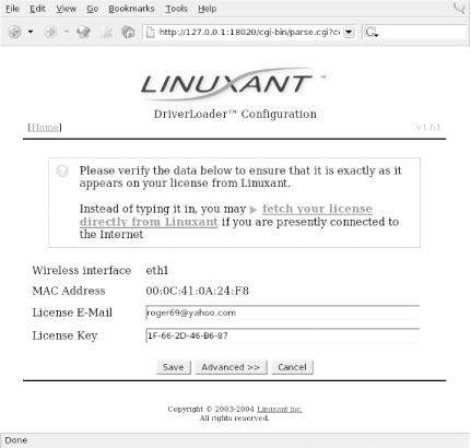 Entering the Linuxant license information