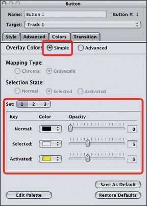 Setting the buttons' opacity in the Colors tab of the Button Inspector