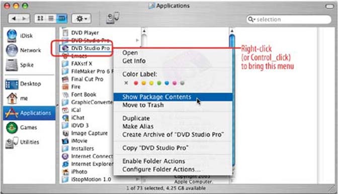 Opening up the DVDSP Applications folder in the Finder