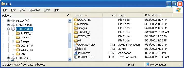 Use Windows Explorer to view the contents of a DVD as folders and data files.