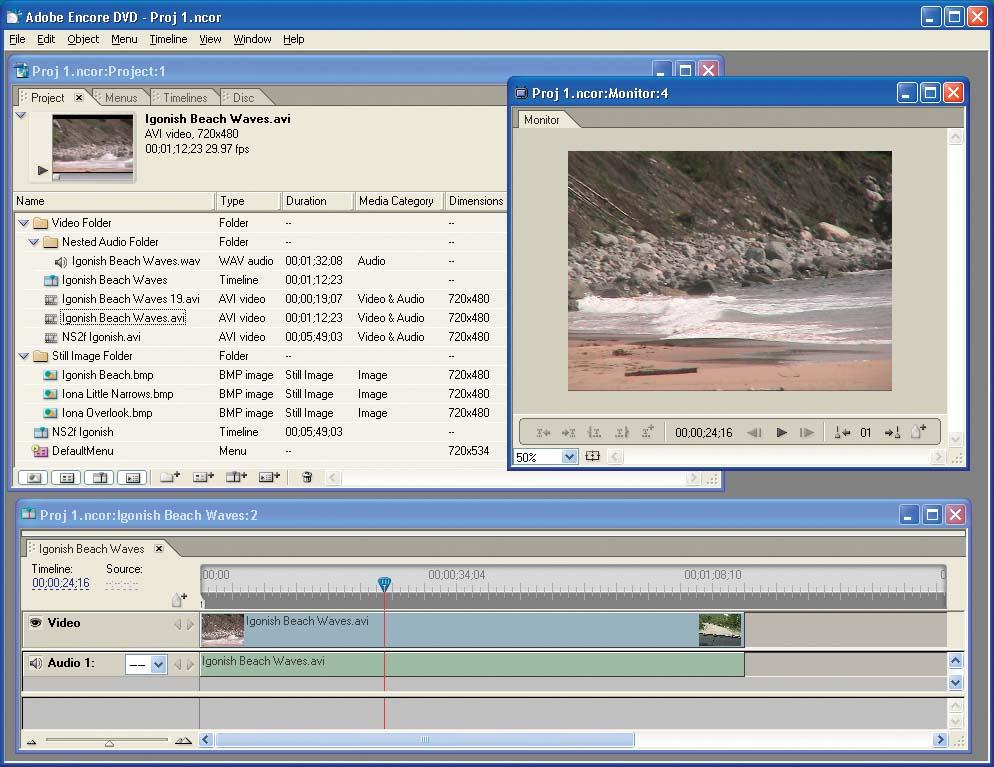 Encore displays the Timeline and Monitor window to edit and view the contents of the timeline.