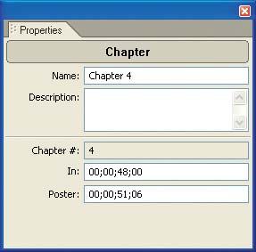 View chapter point information in the Properties palette, and enter new timecode values for the chapter point and its associated poster frame.