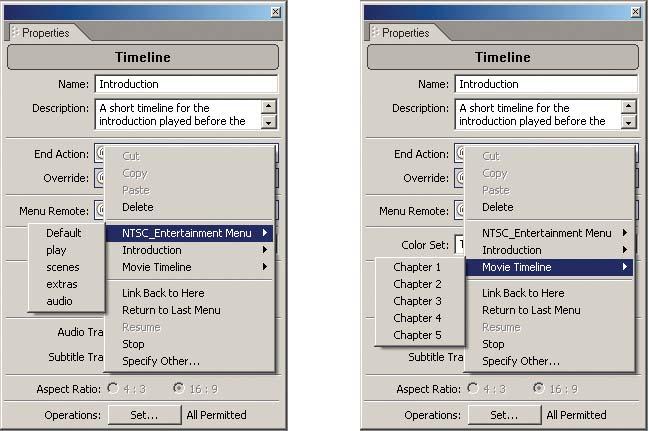 Setting the End Action in the Timeline Properties using the Link Submenu (left: menu; right: timeline).