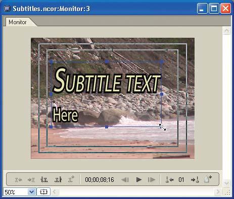Drag the text bounding box to resize the subtitles, or set text properties in the Character palette.