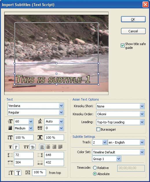 Use the Import Subtitles (Text Script) dialog to specify the layout and formatting of imported subtitle text.
