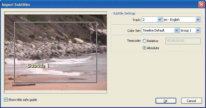 Use the Import Subtitles dialog to specify the destination track and color set for the imported images.