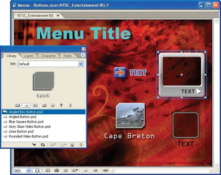 Add menu buttons from the Library palette, or by dragging a clip from the Project window.
