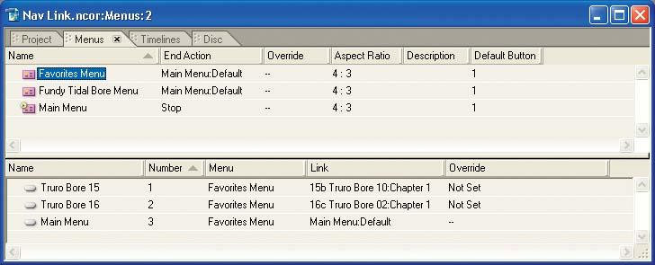 Use the Menus tab to verify that the project’s menus and buttons are defined properly.
