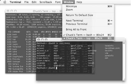 The Terminal’s Window menu offers keyboard shortcuts to open windows