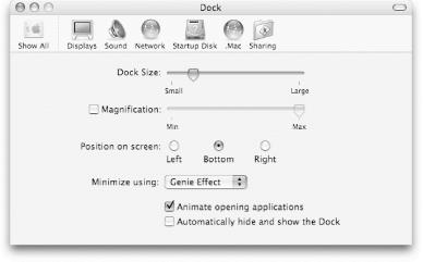 The Dock preferences panel