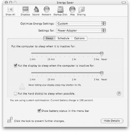 The Energy Saver preferences panel as displayed on a PowerBook G4