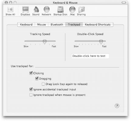 The Mouse preferences panel, with options to control the trackpad