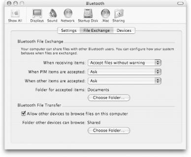 The Bluetooth File Exchange pane
