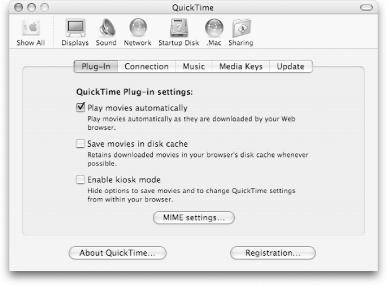 The QuickTime preferences panel