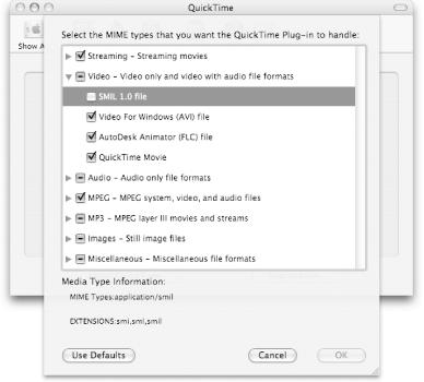 The QuickTime panel’s MIME settings sheet