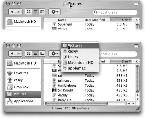 Press and click a window’s title bar (top) to summon the hidden folder hierarchy menu (bottom). The Finder isn’t the only program that offers this trick, by the way. It also works in most other Mac OS X-compatible programs, and even many Mac OS 9 programs.