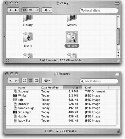 In an effort to help you avoid window clutter, Apple has designed Mac OS X windows so that double-clicking a folder in a window (top) doesn’t actually open another window (bottom). Every time you double-click a folder in an open window, its contents replace whatever was previously in the window. If you double-click three folders in succession, you still wind up with just one open window.