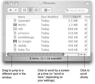 Three ways to control a scroll. The scroll bar arrows (lower right) appear nestled together when you first install Mac OS X, as shown here. If you, an old-time Windows or Mac OS 9 fan, prefer these arrows to appear on opposite ends of the scroll bar, visit the Appearance panel of System Preferences, described in Section 8.4.