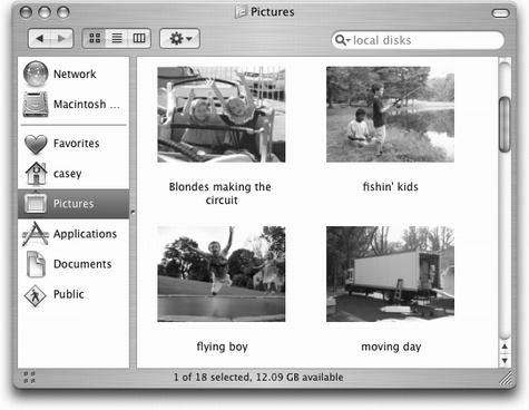 Mac OS X lets you choose an icon size to suit your personality. For picture folders, it can often be very handy to pick a jumbo size, in effect creating a slide-sorter “light table” effect. Just use the slider in the View Options dialog box, shown in Figure 1-14.