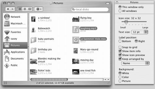 Thanks to the secret powers of the View Options palette (right), Mac OS X can display icon names on the right—and even show a second line of file info—in any icon view. You now have all the handy, freely draggable convenience of an icon view, along with the compact spacing of a list view.